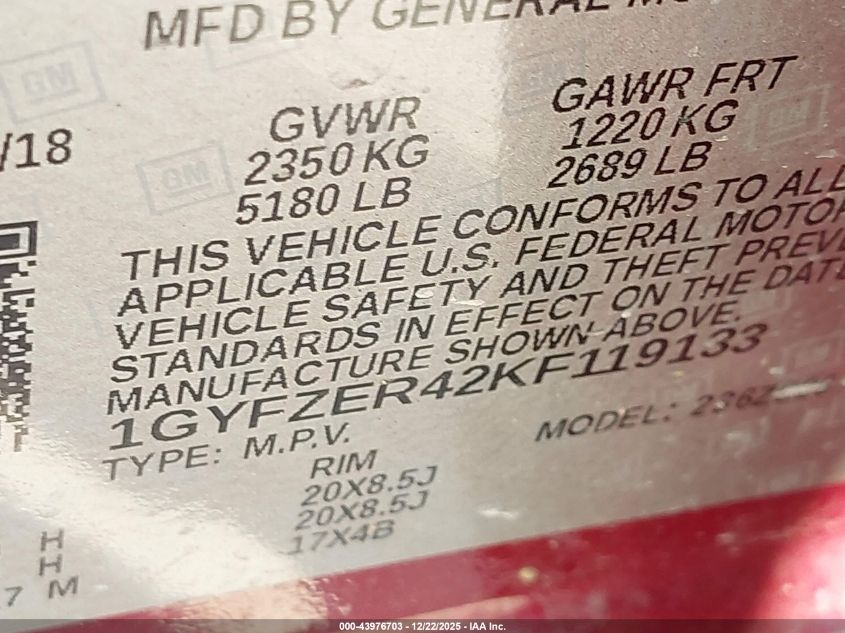 2019 Cadillac Xt4 Sport VIN: 1GYFZER42KF119133 Lot: 43976703