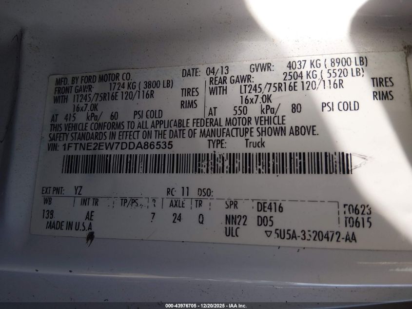 2013 Ford E-250 Commercial VIN: 1FTNE2EW7DDA86535 Lot: 43976705