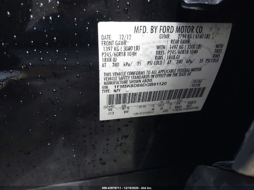 2013 Ford Explorer Xlt VIN: 1FM5K8D89DGB91120 Lot: 43976711