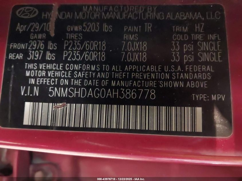 2010 Hyundai Santa Fe Se VIN: 5NMSHDAG0AH386778 Lot: 43976718