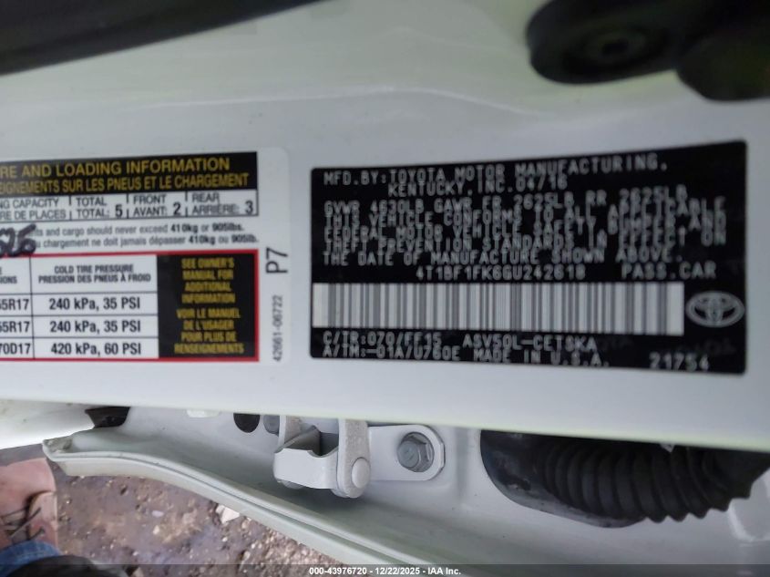 2016 Toyota Camry Se VIN: 4T1BF1FK6GU242618 Lot: 43976720