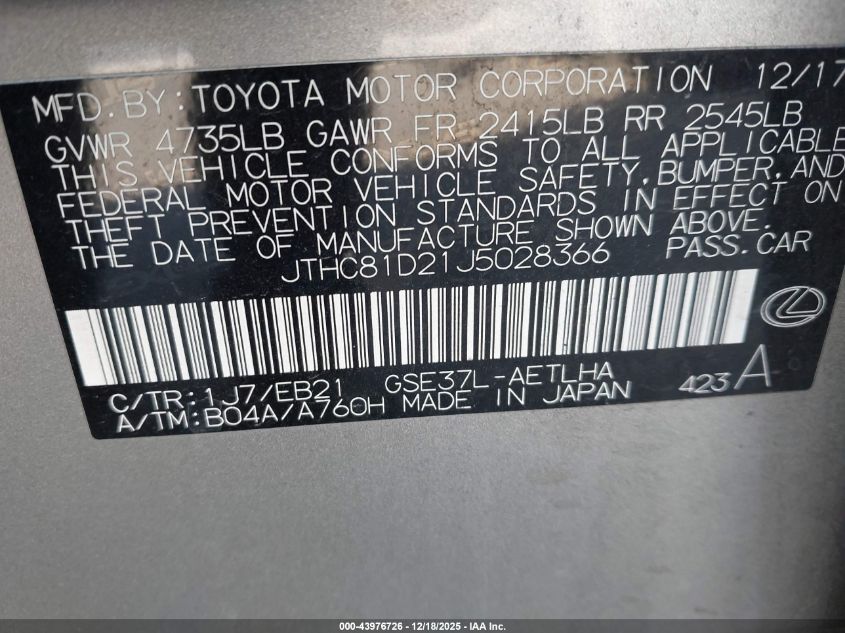 2018 Lexus Is 300 VIN: JTHC81D21J5028366 Lot: 43976726