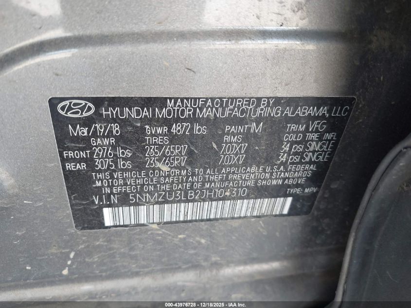 2018 Hyundai Santa Fe Sport 2.4L VIN: 5NMZU3LB2JH104310 Lot: 43976728