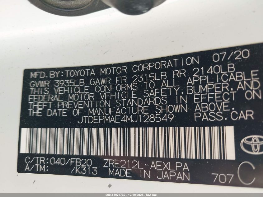 2021 Toyota Corolla Le VIN: JTDEPMAE4MJ128549 Lot: 43976732