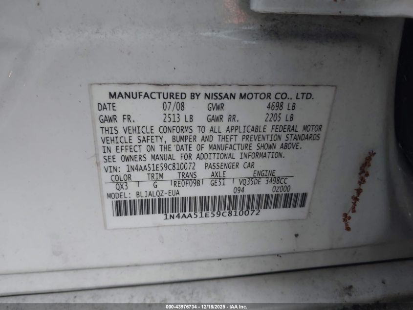 2009 Nissan Maxima 3.5 S VIN: 1N4AA51E59C810072 Lot: 43976734