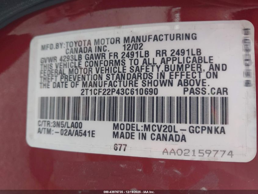 2003 Toyota Camry Solara Sle V6 VIN: 2T1CF22P43C610690 Lot: 43976735