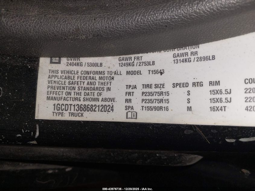 2006 Chevrolet Colorado Lt VIN: 1GCDT136868212024 Lot: 43976736