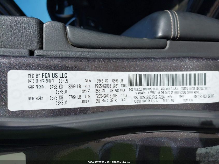 2015 Jeep Grand Cherokee Limited VIN: 1C4RJEBG2FC217214 Lot: 43976739