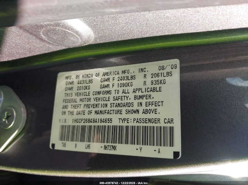 2009 Honda Accord 2.4 Ex-L VIN: 1HGCP26849A194655 Lot: 43976742