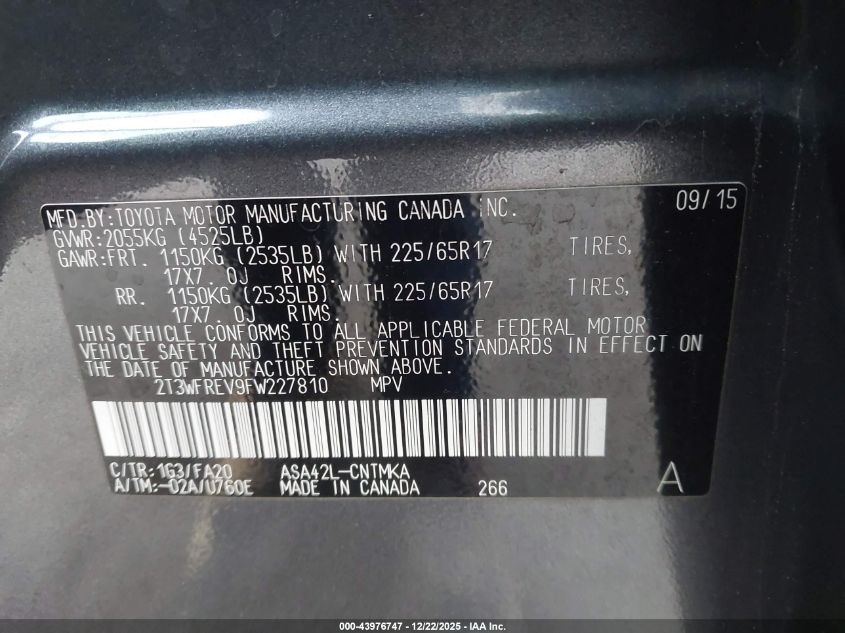 2015 Toyota Rav4 Xle VIN: 2T3WFREV9FW227810 Lot: 43976747