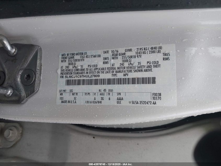 2017 Lincoln Mkc Premiere VIN: 5LMCJ1C97HUL27809 Lot: 43976749