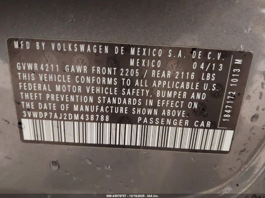 2013 Volkswagen Jetta 2.5L Se VIN: 3VWDP7AJ2DM438788 Lot: 43976757