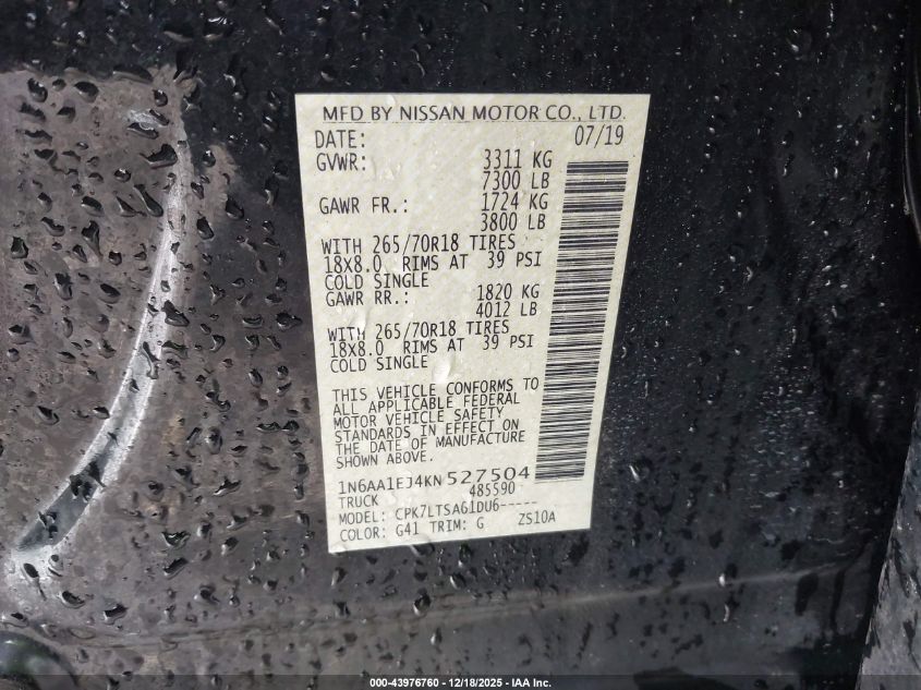 2019 Nissan Titan Sv VIN: 1N6AA1EJ4KN527504 Lot: 43976760