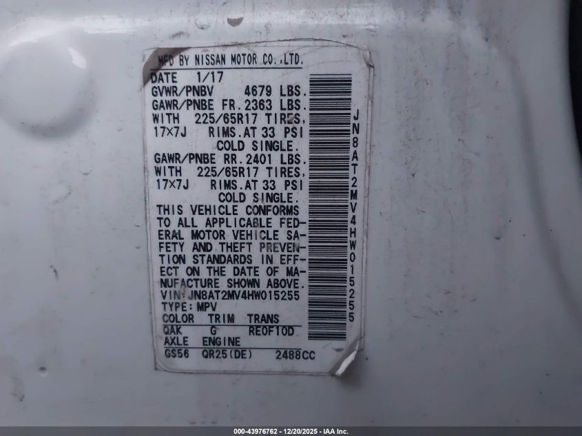2017 Nissan Rogue Sv VIN: JN8AT2MV4HW015255 Lot: 43976762