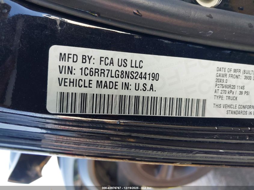 2022 Ram 1500 Classic Warlock 4X4 5'7 Box VIN: 1C6RR7LG8NS244190 Lot: 43976767
