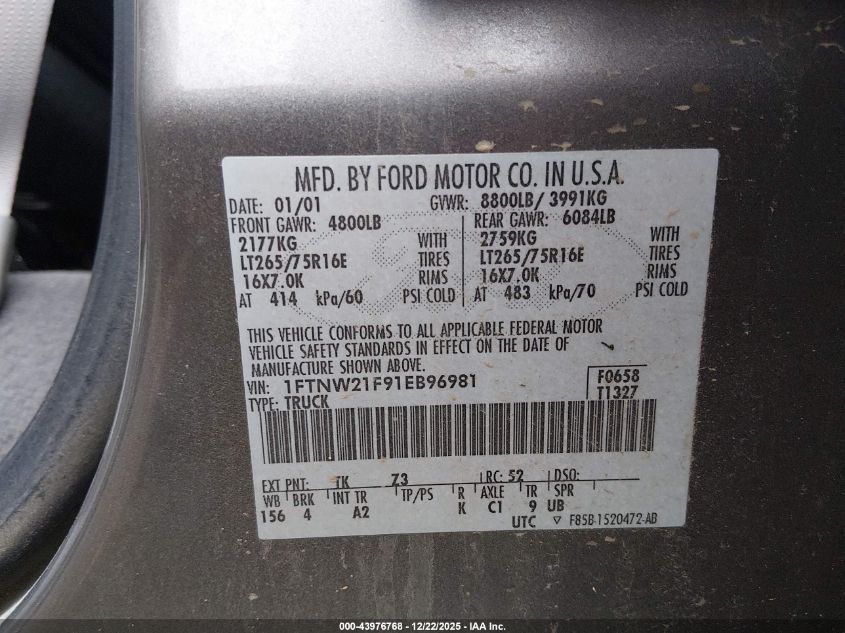 2001 Ford F-250 Lariat/Xl/Xlt VIN: 1FTNW21F91EB96981 Lot: 43976768