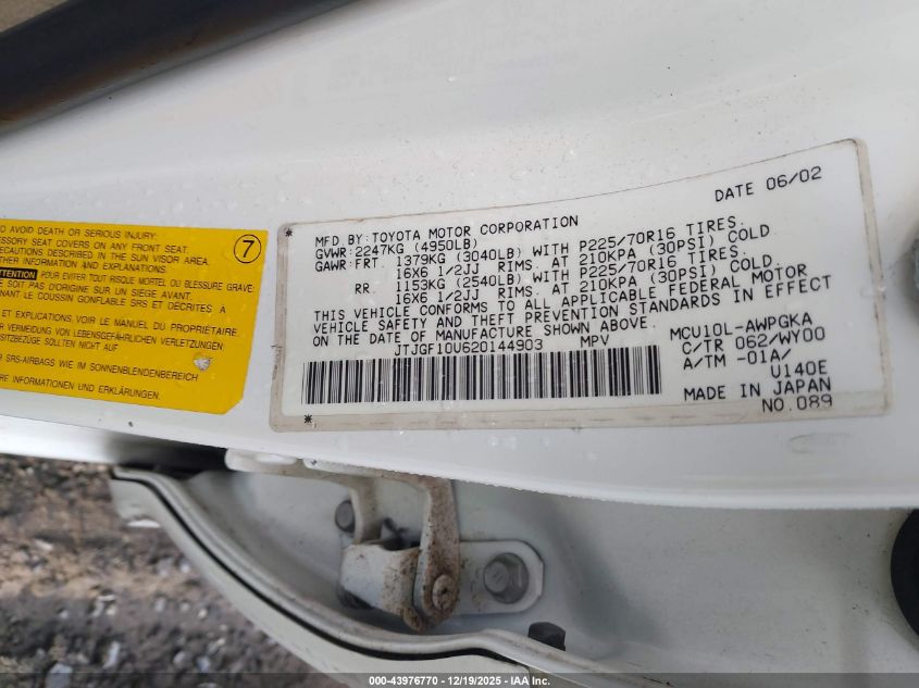 2002 Lexus Rx 300 VIN: JTJGF10U620144903 Lot: 43976770