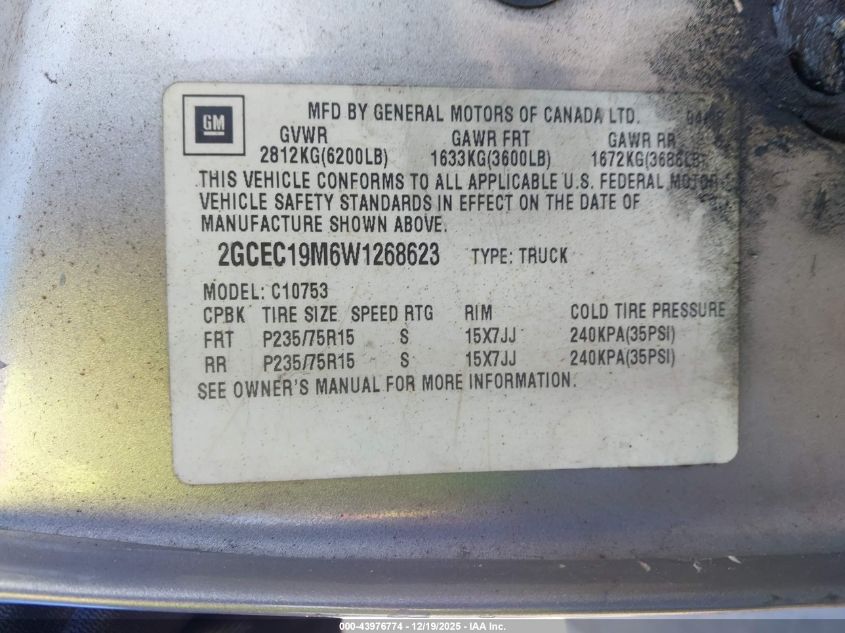 1998 Chevrolet C1500 Fleetside VIN: 2GCEC19M6W1268623 Lot: 43976774