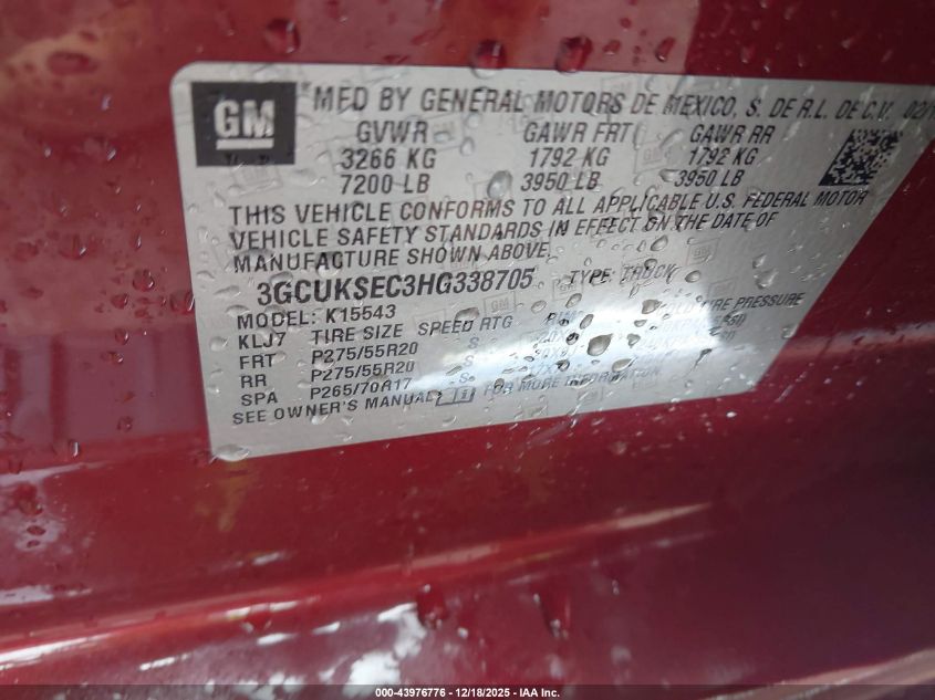 2017 Chevrolet Silverado 1500 2Lz VIN: 3GCUKSEC3HG338705 Lot: 43976776