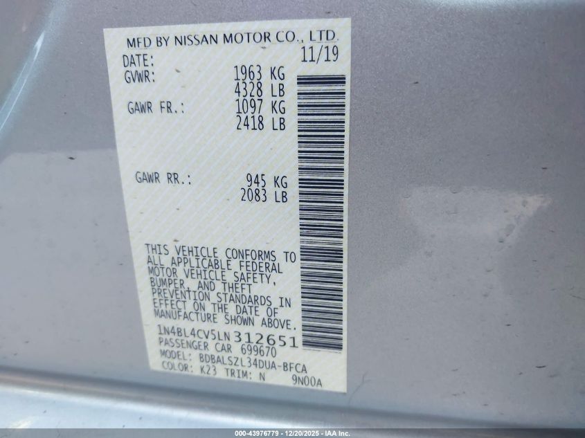 2020 Nissan Altima Sr Fwd VIN: 1N4BL4CV5LN312651 Lot: 43976779