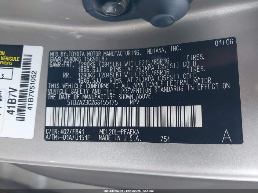 2006 Toyota Sienna Ce VIN: 5TDZA23C26S455475 Lot: 43976782