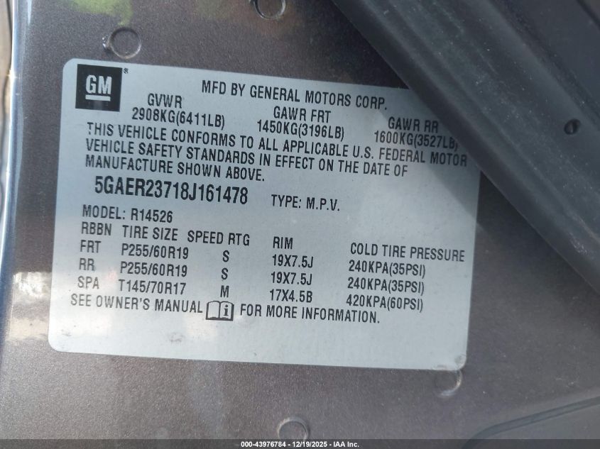 2008 Buick Enclave Cxl VIN: 5GAER23718J161478 Lot: 43976784