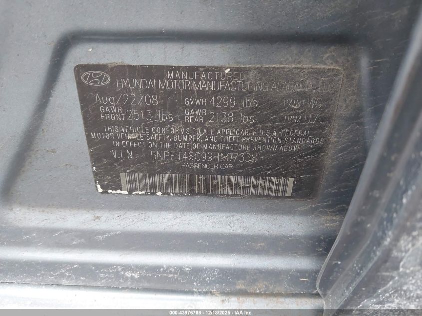 2009 Hyundai Sonata Gls VIN: 5NPET46C99H507338 Lot: 43976788