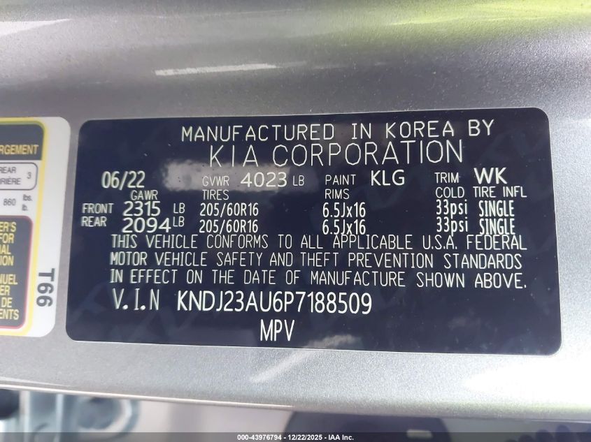 2023 Kia Soul Lx VIN: KNDJ23AU6P7188509 Lot: 43976794