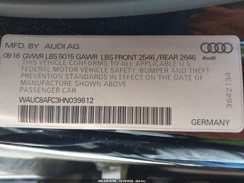 2017 Audi A6 2.0T Premium VIN: WAUC8AFC3HN039612 Lot: 43976796