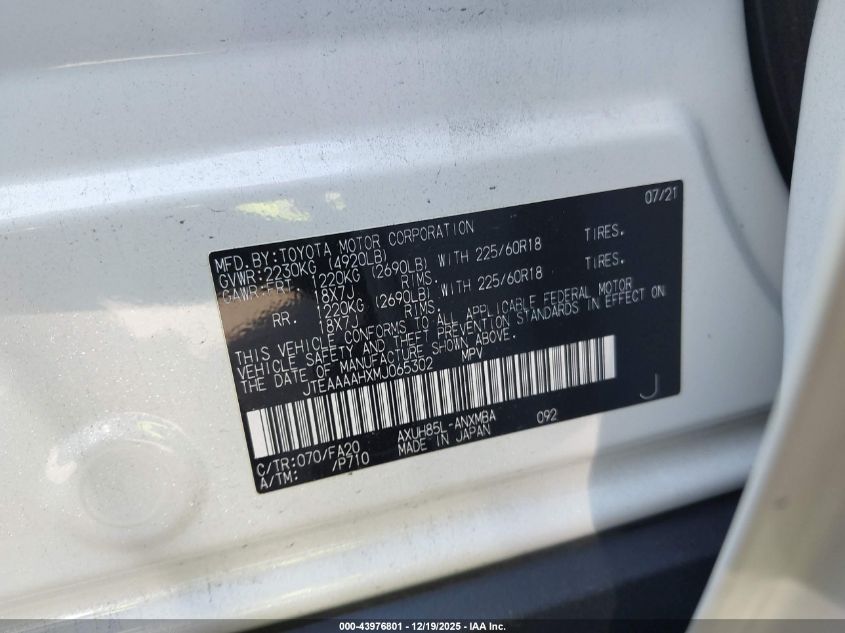 2021 Toyota Venza Le VIN: JTEAAAAHXMJ065302 Lot: 43976801