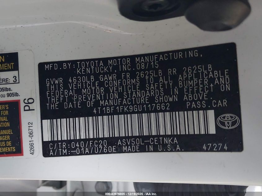 2016 Toyota Camry Le VIN: 4T1BF1FK9GU117662 Lot: 43976805