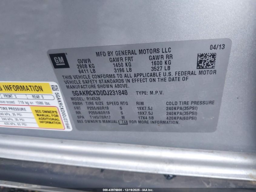 2013 Buick Enclave Leather VIN: 5GAKRCKD0DJ231840 Lot: 43976808