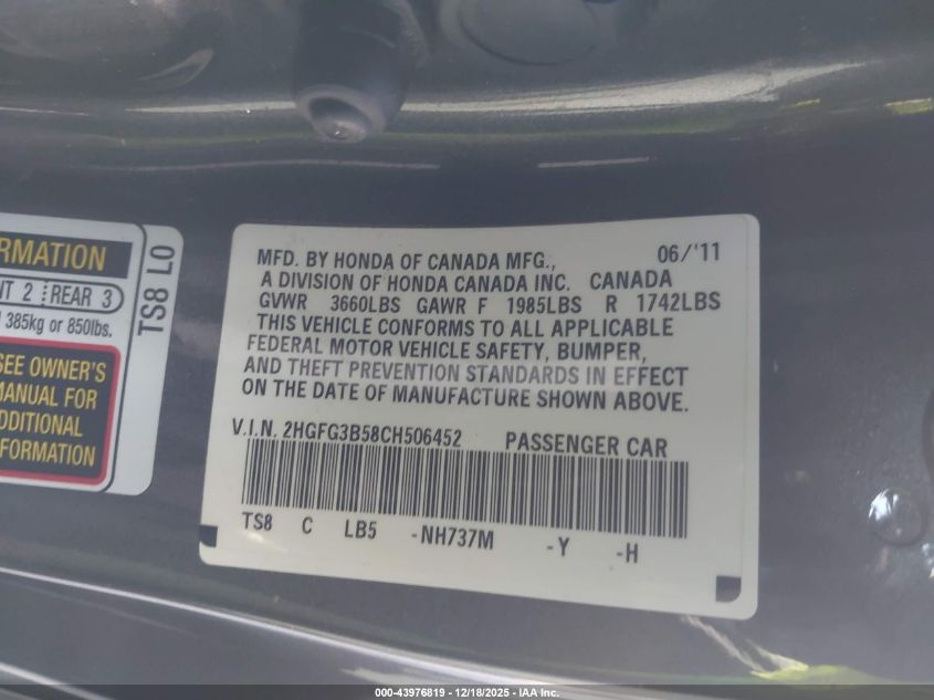 2012 Honda Civic Lx VIN: 2HGFG3B58CH506452 Lot: 43976819