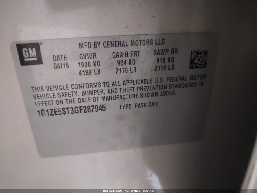 2016 Chevrolet Malibu 1Lt VIN: 1G1ZE5ST3GF287945 Lot: 43976821