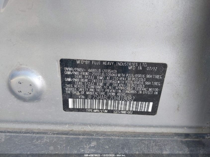 2013 Subaru Forester 2.5X VIN: JF2SHABC2DH418082 Lot: 43976822