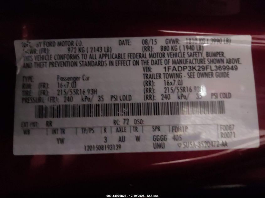 2015 Ford Focus Se VIN: 1FADP3K29FL369949 Lot: 43976823