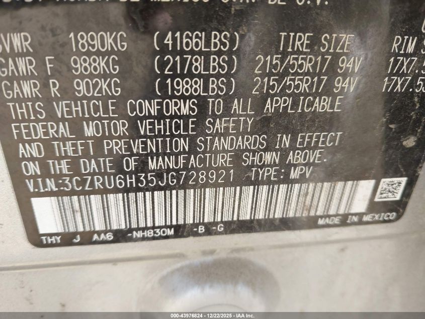 2018 Honda Hr-V Lx VIN: 3CZRU6H35JG728921 Lot: 43976824