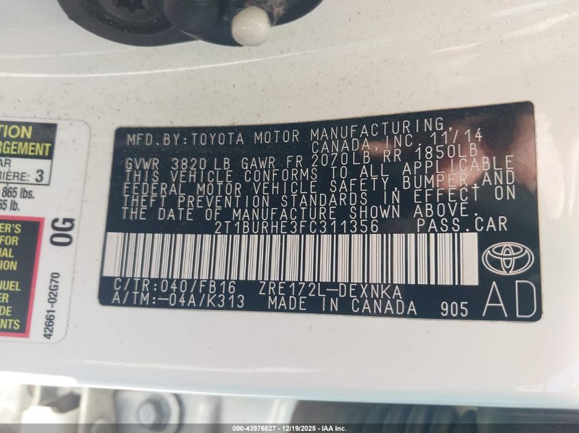 2015 Toyota Corolla Le VIN: 2T1BURHE3FC311356 Lot: 43976827