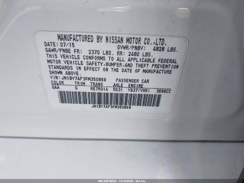 2015 Infiniti Q50 Premium VIN: JN1BV7AP3FM350869 Lot: 43976830