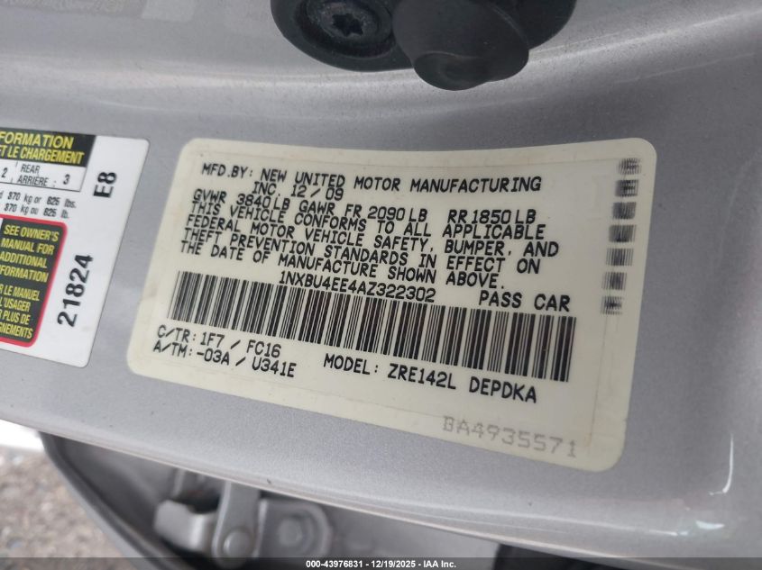 2010 Toyota Corolla Le VIN: 1NXBU4EE4AZ322302 Lot: 43976831