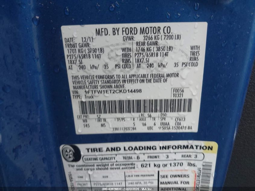 2012 Ford F-150 Xlt VIN: 1FTFW1ET2CKD14498 Lot: 43976833