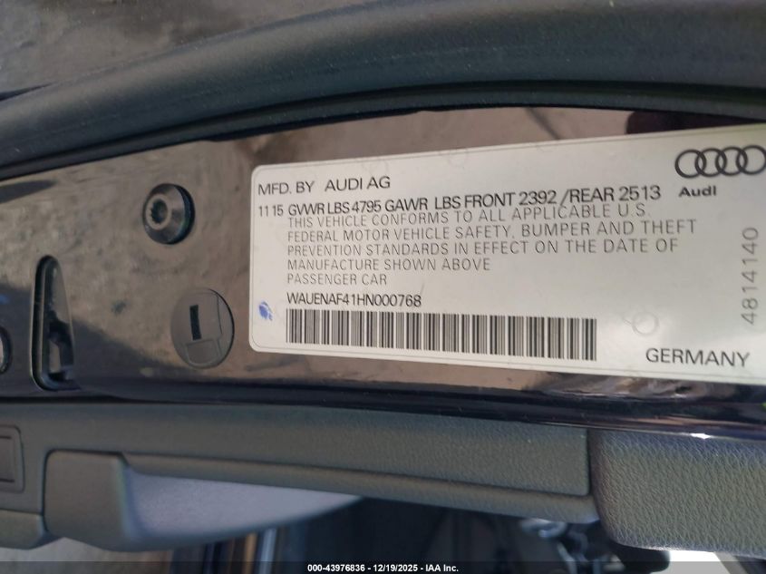 2017 Audi A4 2.0T Premium VIN: WAUENAF41HN000768 Lot: 43976836