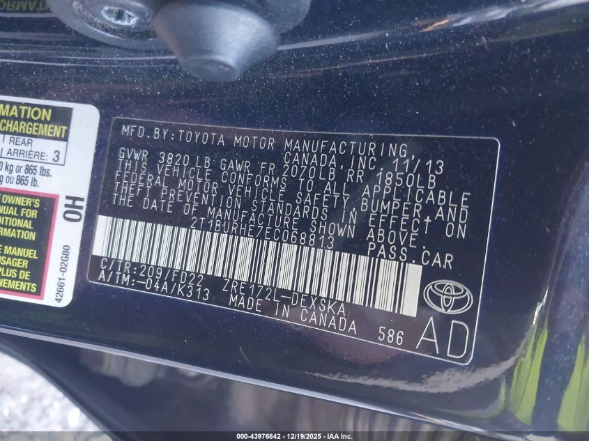 2014 Toyota Corolla S Plus VIN: 2T1BURHE7EC068813 Lot: 43976842