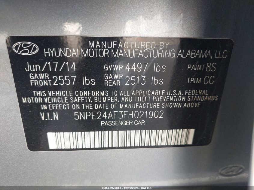 2015 Hyundai Sonata Se VIN: 5NPE24AF3FH021902 Lot: 43976843
