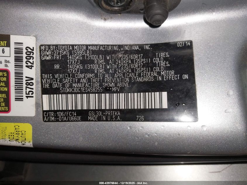 2014 Toyota Sienna Le V6 8 Passenger VIN: 5TDKK3DC1ES458255 Lot: 43976844