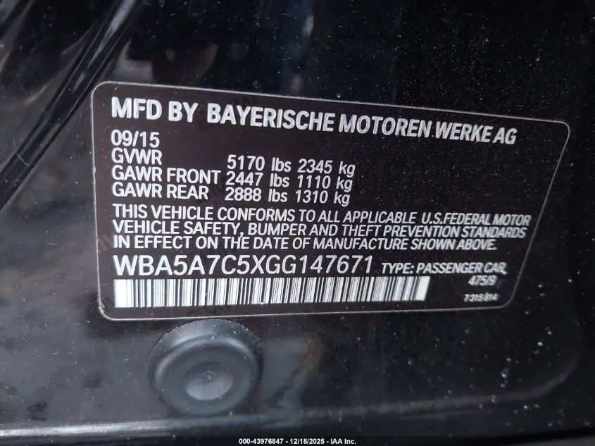 2016 BMW 528I xDrive VIN: WBA5A7C5XGG147671 Lot: 43976847