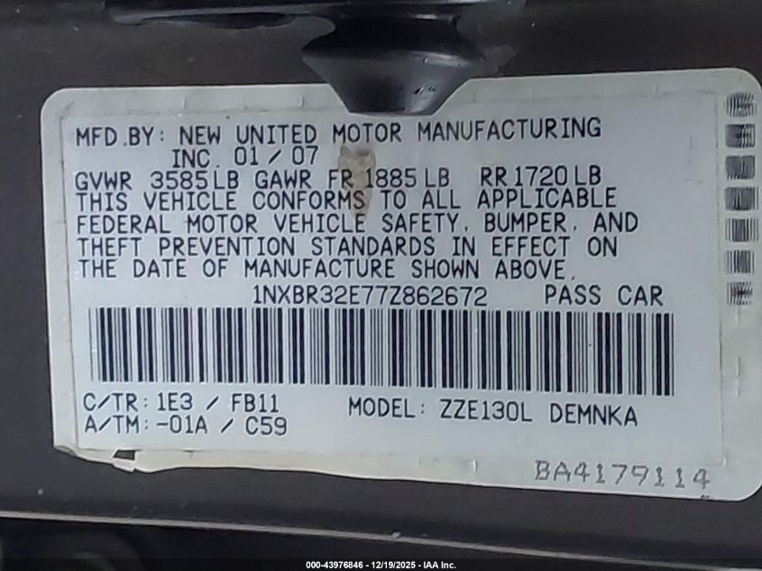 2007 Toyota Corolla Le VIN: 1NXBR32E77Z862672 Lot: 43976846