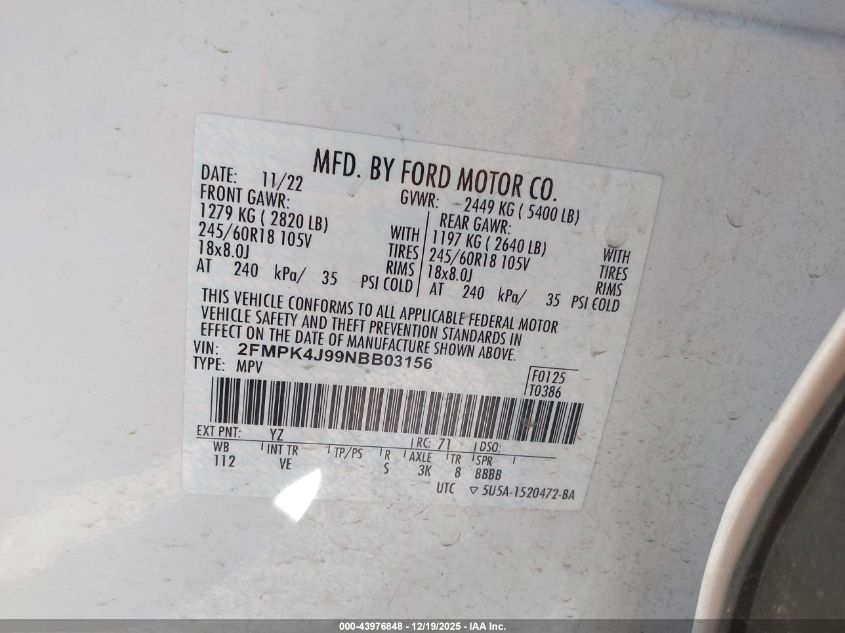 2022 Ford Edge Sel VIN: 2FMPK4J99NBB03156 Lot: 43976848