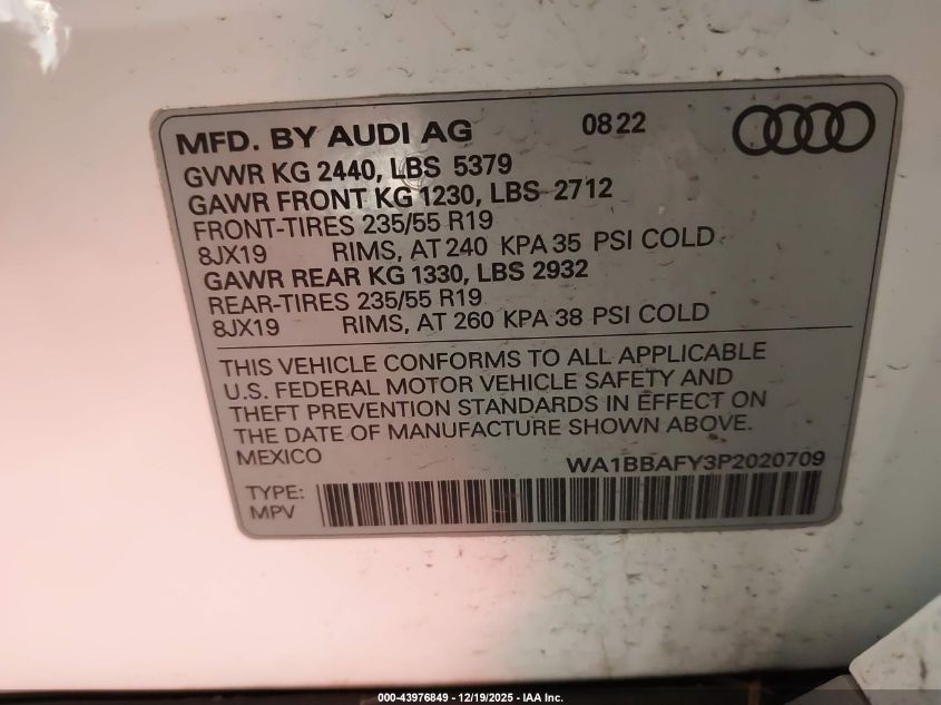 2023 Audi Q5 Premium Plus 40 Tfsi Quattro S Tronic VIN: WA1BBAFY3P2020709 Lot: 43976849