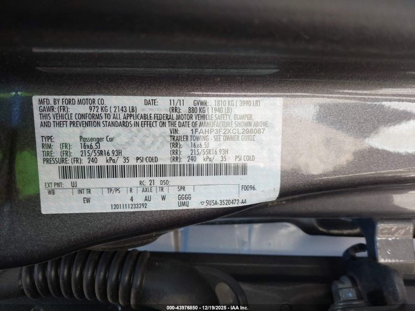 2012 Ford Focus Se VIN: 1FAHP3F2XCL298087 Lot: 43976850